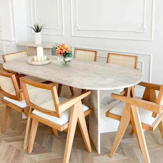 Table à manger en travertin Ovale en travertin pied triangle